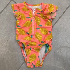 Cat & Jack Girls Pink Lemon Print Ruffle One Piece Swimsuit Size 12M Zip Front